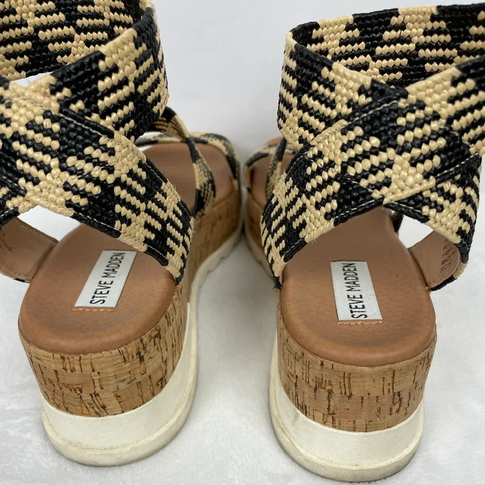 Steve Madden Black/Tan Wedge Sandals 8.5